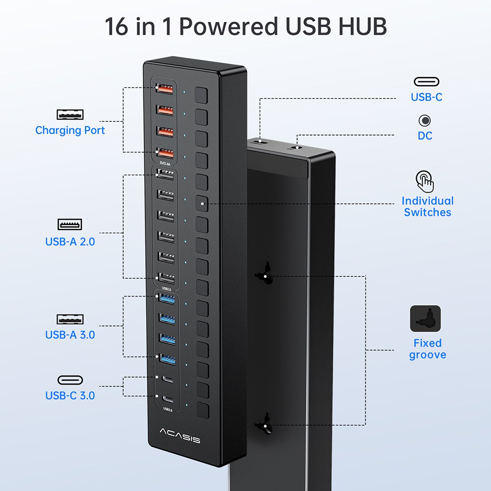 Acasis 16 Port USB-C 5Gbps Smart Charging Hub Splitter Powered