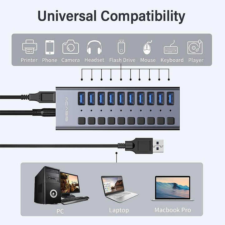 ACASIS Hub USB alimentado, concentrador de datos USB 3.0 de 10 puertos,  interruptores individuales de encendido/apagado, adaptador de corriente de