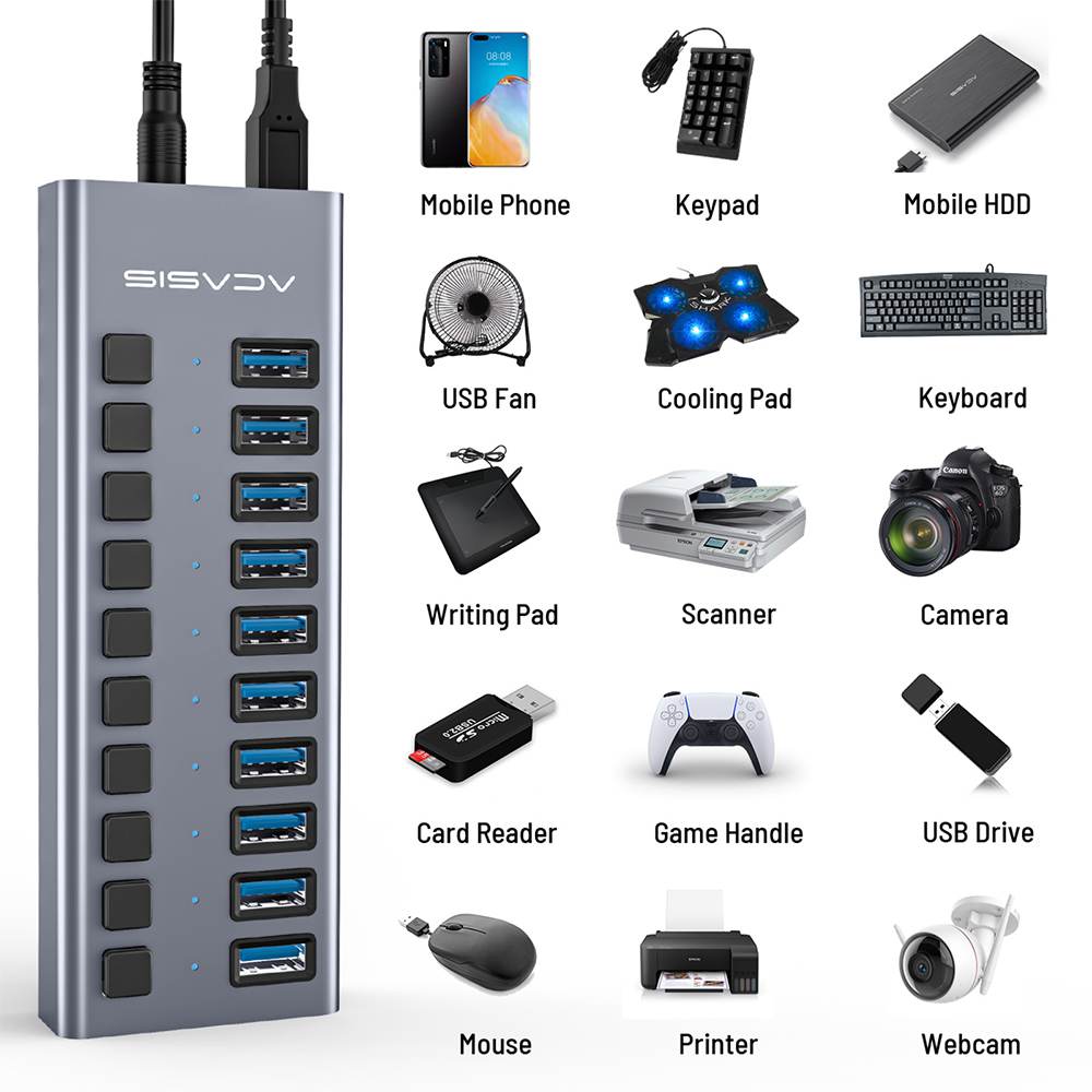 Acasis 10 Ports USB 3.0 Hub with Individual On/Off Switches