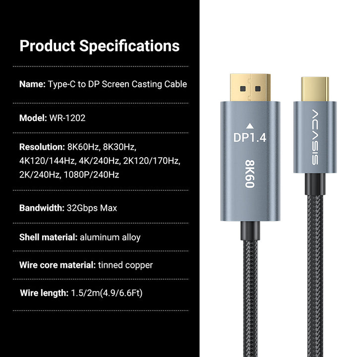 ACASIS USB C to DisplayPort Cable 8K 60Hz 4.9ft/6.6ft Cable