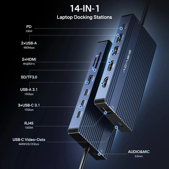 Acasis 14 Ports 4K 60Hz Laptop Docking Station with PD 100W Charging