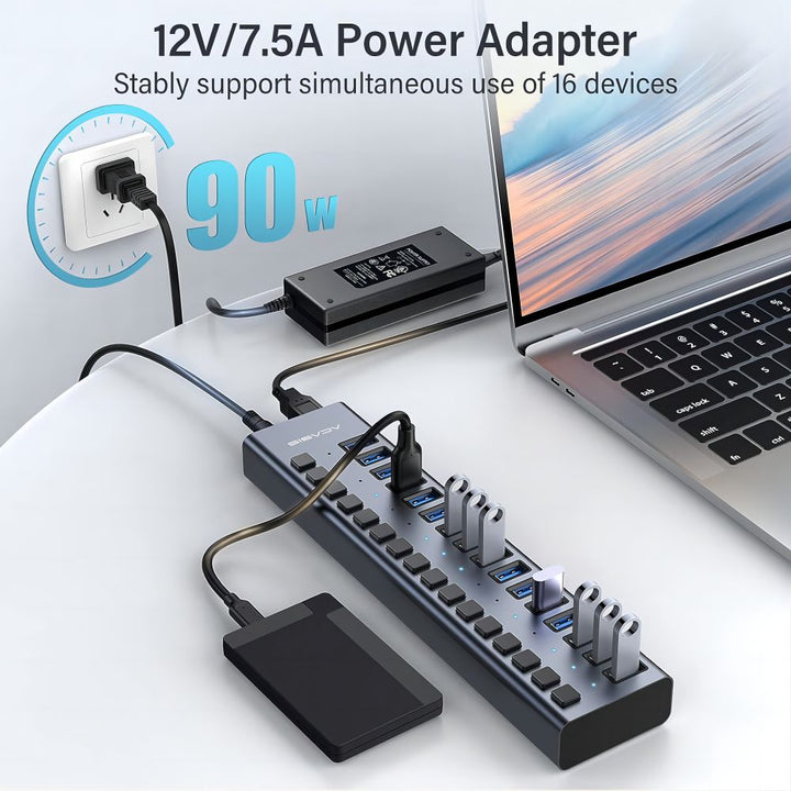 USB 3 0 Hub - 16 Ports Powered USB Hub - Desktop USB Expander Hub - up to  5Gbps