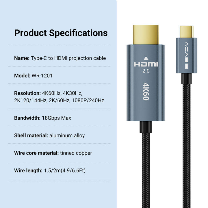 Acasis USB-C to HDMI 4K@60Hz Aluminum Shell Braided 4.9ft/6.6ft Cable